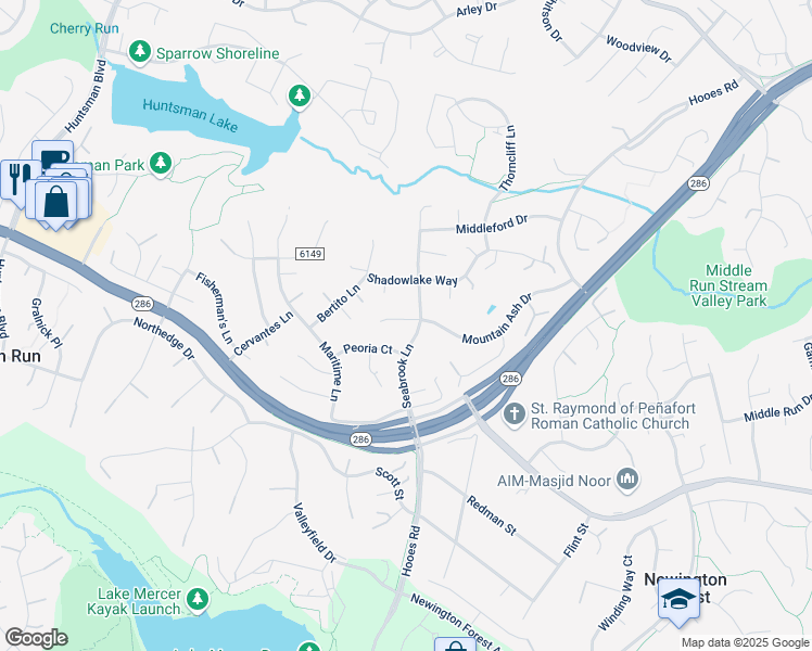 map of restaurants, bars, coffee shops, grocery stores, and more near 8947 Mountain Ash Court in Springfield