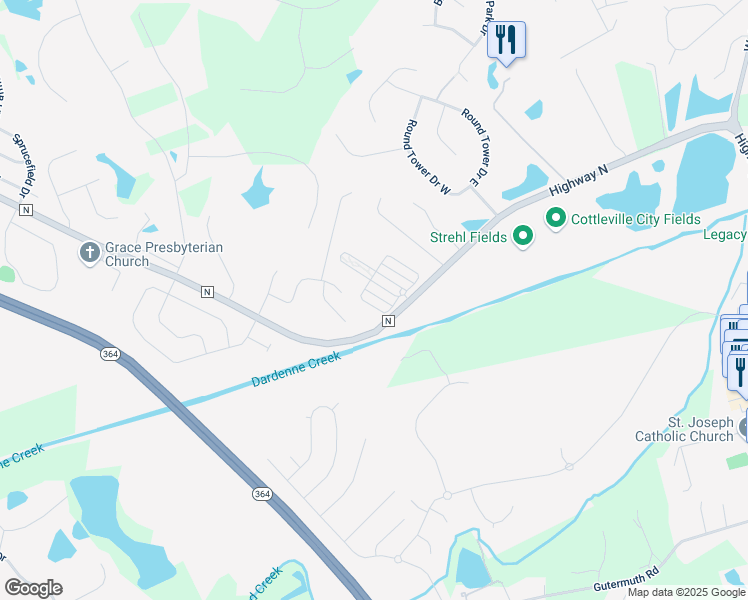 map of restaurants, bars, coffee shops, grocery stores, and more near 1342 Commons Circle in Cottleville