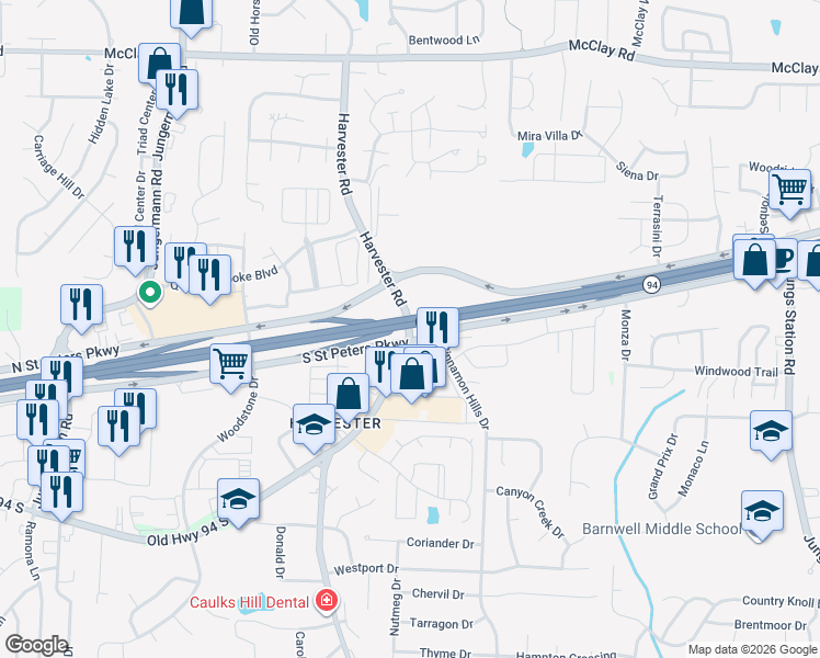 map of restaurants, bars, coffee shops, grocery stores, and more near 2206 Harvester Road in St. Peters