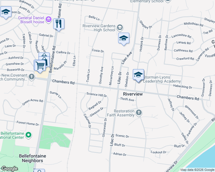 map of restaurants, bars, coffee shops, grocery stores, and more near 531 Chambers Road in St. Louis