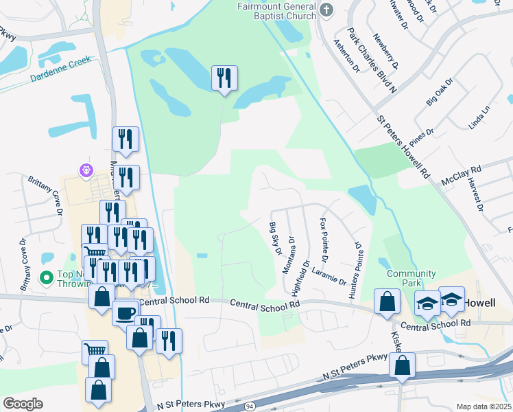 map of restaurants, bars, coffee shops, grocery stores, and more near 8 Highfield Court in Saint Charles
