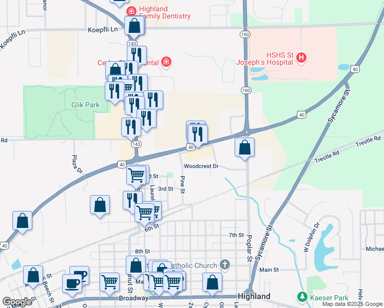 map of restaurants, bars, coffee shops, grocery stores, and more near 1306 Mercantile Drive in Highland