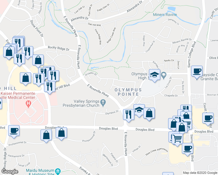 map of restaurants, bars, coffee shops, grocery stores, and more near 440 Venezian Court in Roseville