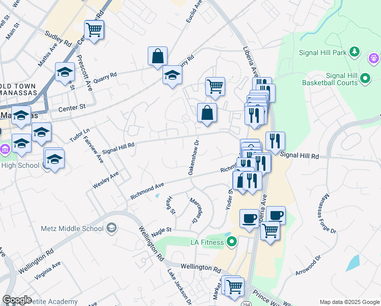 map of restaurants, bars, coffee shops, grocery stores, and more near 9508 Oakenshaw Drive in Manassas