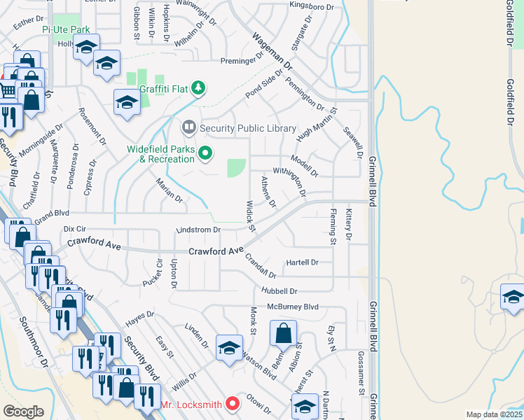 map of restaurants, bars, coffee shops, grocery stores, and more near 930 Binger Drive in Colorado Springs