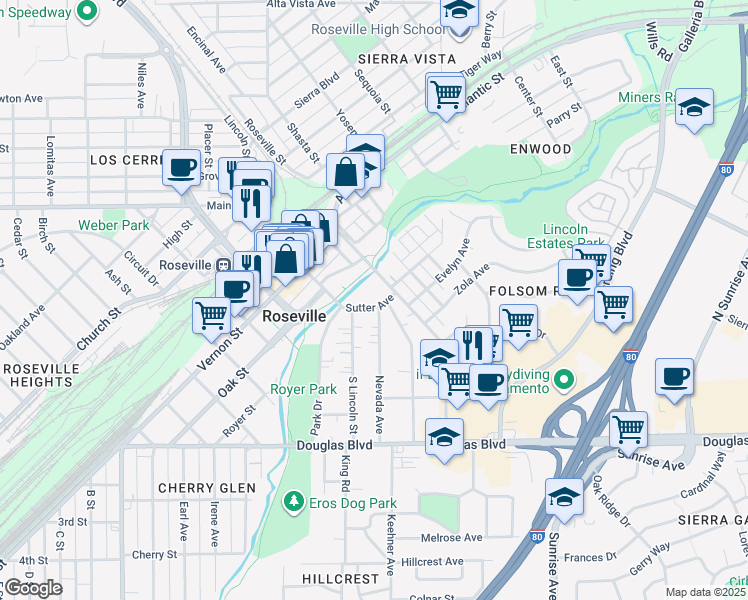 map of restaurants, bars, coffee shops, grocery stores, and more near 311 Sutter Avenue in Roseville