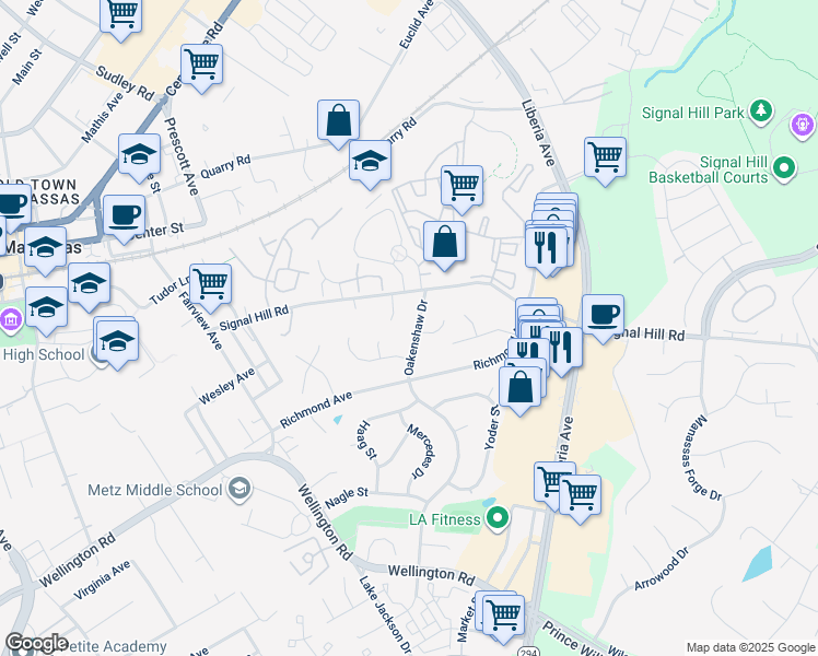 map of restaurants, bars, coffee shops, grocery stores, and more near 9508 Oakenshaw Drive in Manassas