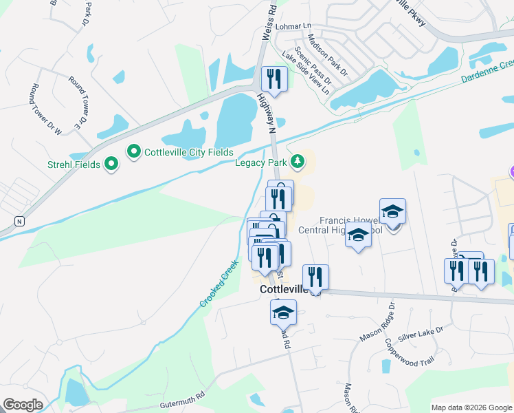 map of restaurants, bars, coffee shops, grocery stores, and more near Weiss Road in Cottleville