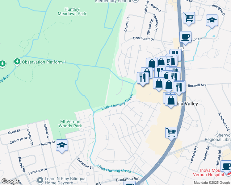 map of restaurants, bars, coffee shops, grocery stores, and more near 7586 Lindberg Drive in Alexandria