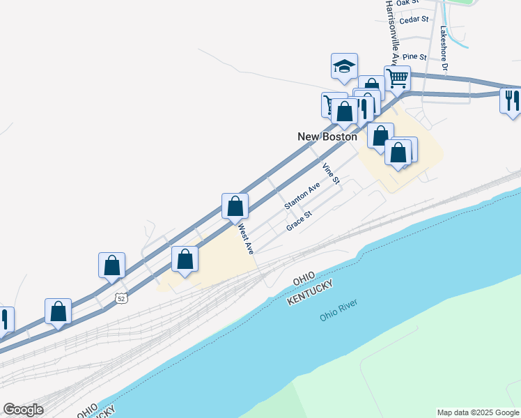 map of restaurants, bars, coffee shops, grocery stores, and more near 3743 Ohio River Scenic Byway in New Boston