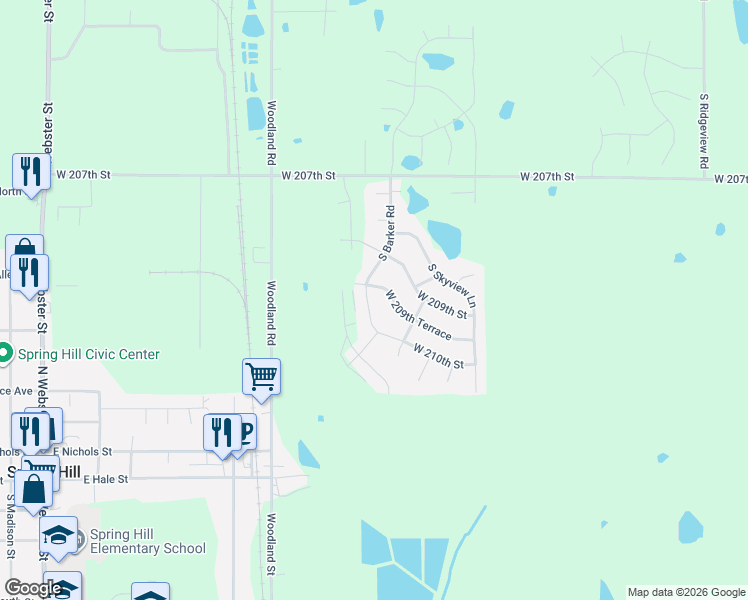 map of restaurants, bars, coffee shops, grocery stores, and more near 20890 South Barker Road in Spring Hill