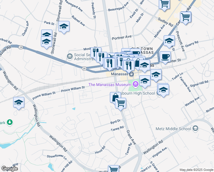 map of restaurants, bars, coffee shops, grocery stores, and more near 9205 Prince William Street in Manassas