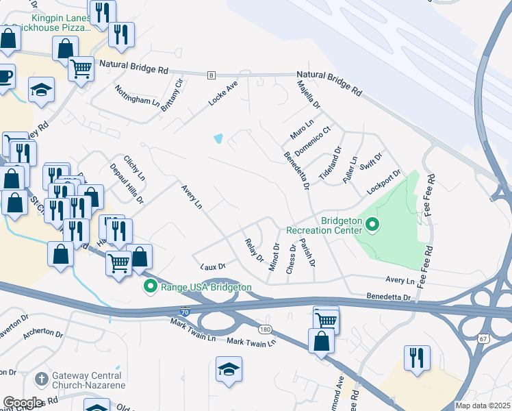 map of restaurants, bars, coffee shops, grocery stores, and more near 11790 Parish Drive in Bridgeton