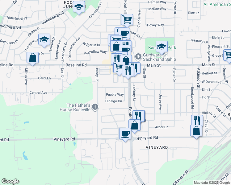 map of restaurants, bars, coffee shops, grocery stores, and more near 1324 Chignahuapan Way in Roseville