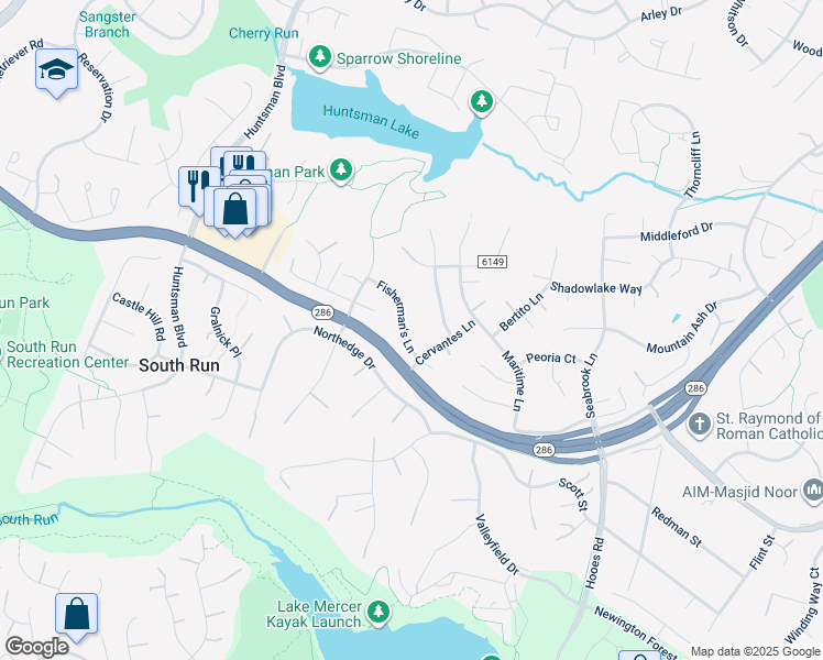 map of restaurants, bars, coffee shops, grocery stores, and more near 9114 Fisherman's Lane in Springfield