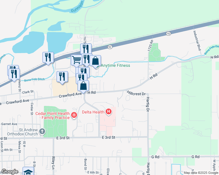 map of restaurants, bars, coffee shops, grocery stores, and more near 1701 H Road in Delta