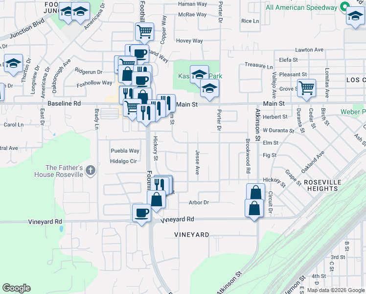 map of restaurants, bars, coffee shops, grocery stores, and more near 1408 Elm Street in Roseville
