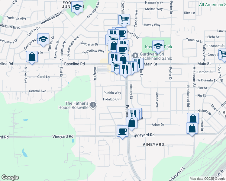 map of restaurants, bars, coffee shops, grocery stores, and more near 1324 Chignahuapan Way in Roseville