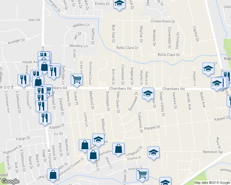 map of restaurants, bars, coffee shops, grocery stores, and more near 1799 Chambers Road in St. Louis