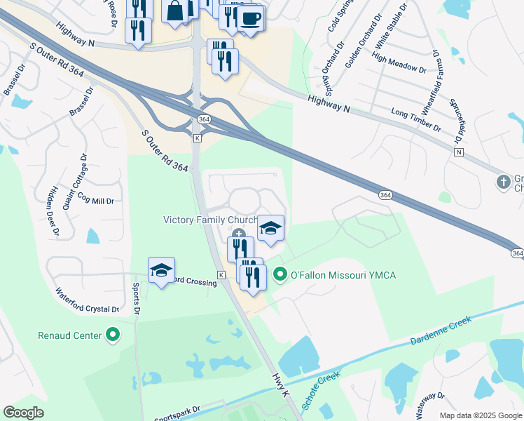 map of restaurants, bars, coffee shops, grocery stores, and more near 2 Coachman Court in O'Fallon