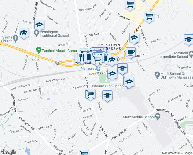 map of restaurants, bars, coffee shops, grocery stores, and more near 8600 Liberty Street in Manassas
