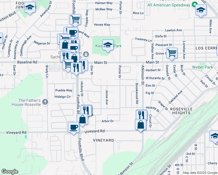 map of restaurants, bars, coffee shops, grocery stores, and more near 407 Jesse Avenue in Roseville