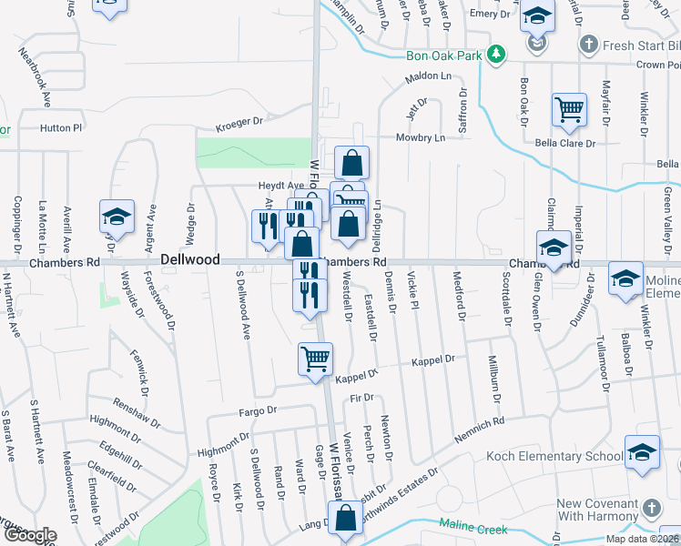 map of restaurants, bars, coffee shops, grocery stores, and more near in Dellwood