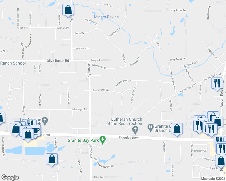 map of restaurants, bars, coffee shops, grocery stores, and more near 7620 Hill Road in Granite Bay
