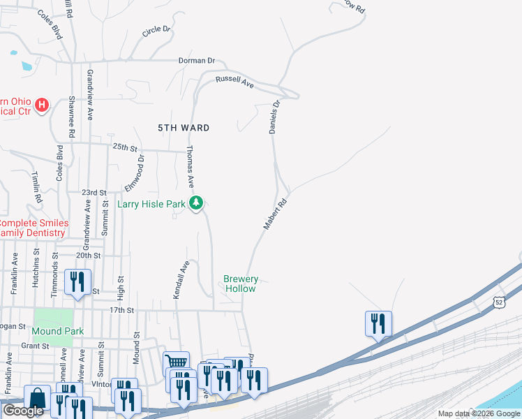 map of restaurants, bars, coffee shops, grocery stores, and more near 2219 Mabert Road in Portsmouth