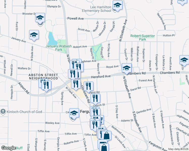 map of restaurants, bars, coffee shops, grocery stores, and more near 130 Royal Avenue in Ferguson