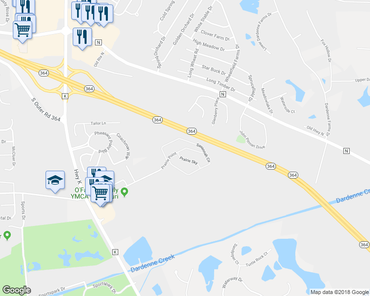 map of restaurants, bars, coffee shops, grocery stores, and more near Prairie Point in St. Charles County