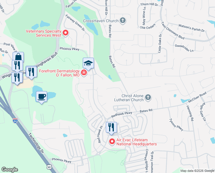 map of restaurants, bars, coffee shops, grocery stores, and more near 234 Chestnut Creek Crossing in Dardenne Prairie