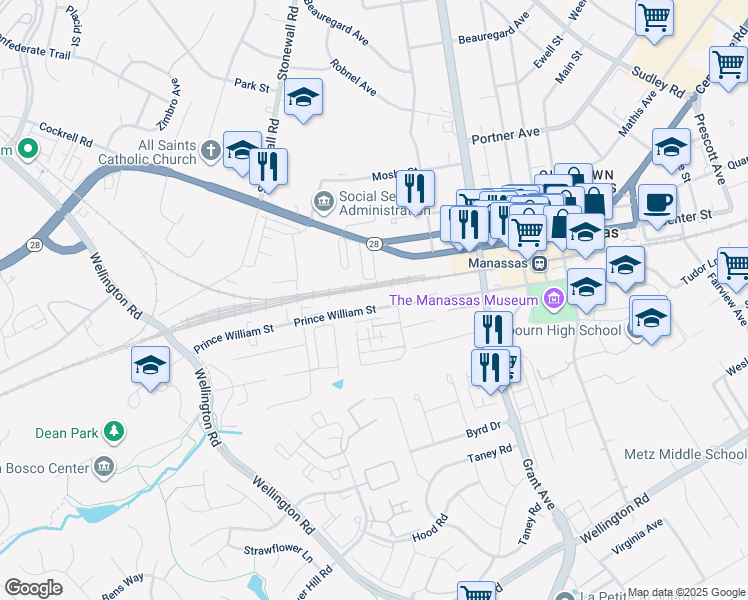 map of restaurants, bars, coffee shops, grocery stores, and more near 9390 Cloudberry Way in Manassas