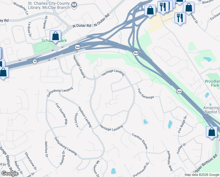 map of restaurants, bars, coffee shops, grocery stores, and more near 2615 Hampton Road in Saint Charles