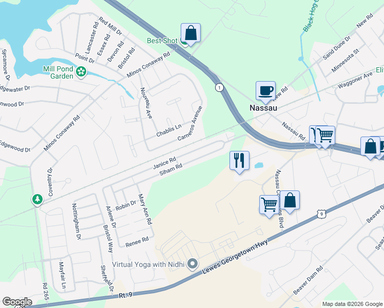 map of restaurants, bars, coffee shops, grocery stores, and more near 31773 Janice Road in Lewes