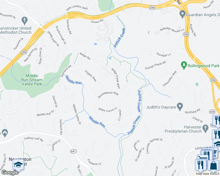map of restaurants, bars, coffee shops, grocery stores, and more near 7841 Roundabout Way in Springfield