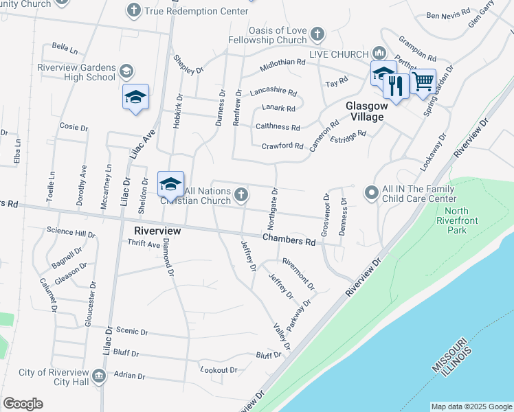 map of restaurants, bars, coffee shops, grocery stores, and more near 10054 Jeffrey Drive in St. Louis