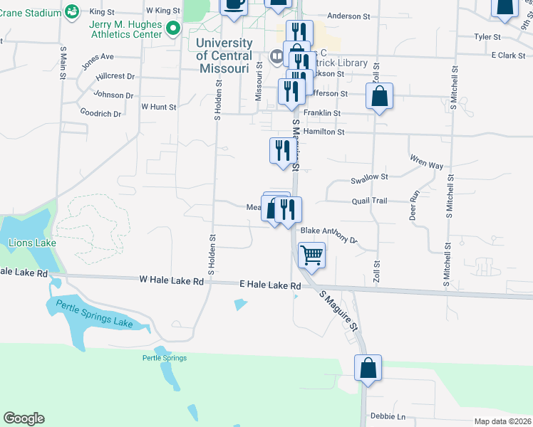 map of restaurants, bars, coffee shops, grocery stores, and more near 111 Meadow Lane in Warrensburg