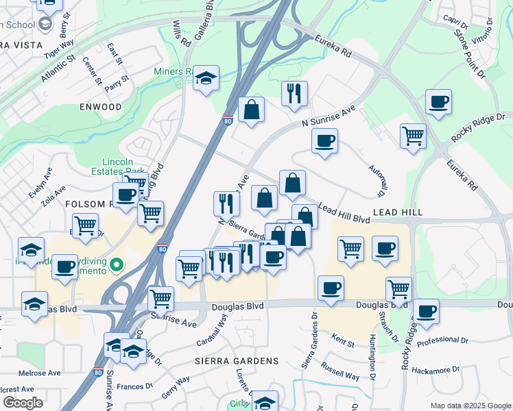 map of restaurants, bars, coffee shops, grocery stores, and more near 199 North Sunrise Avenue in Roseville