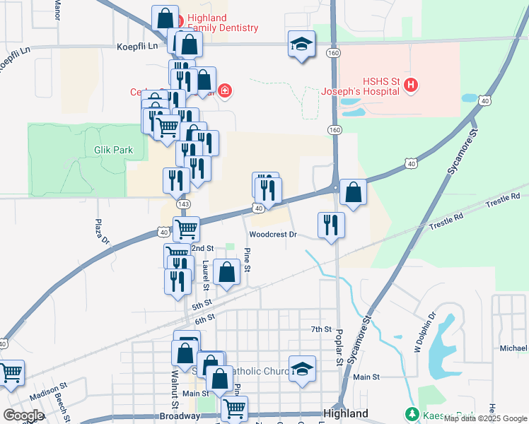 map of restaurants, bars, coffee shops, grocery stores, and more near 1306 Mercantile Dr in Highland