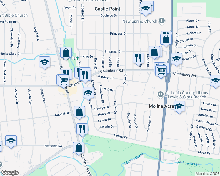 map of restaurants, bars, coffee shops, grocery stores, and more near 2344 Gardner Drive in St. Louis