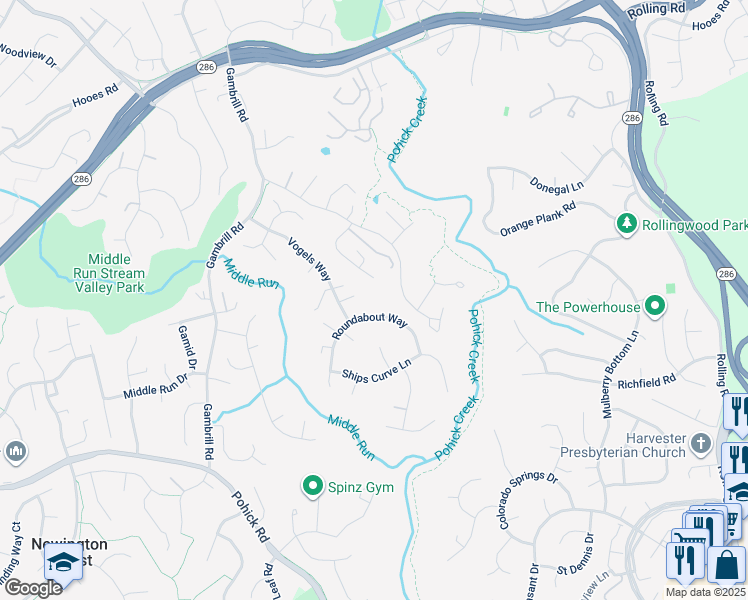 map of restaurants, bars, coffee shops, grocery stores, and more near 7841 Roundabout Way in Springfield