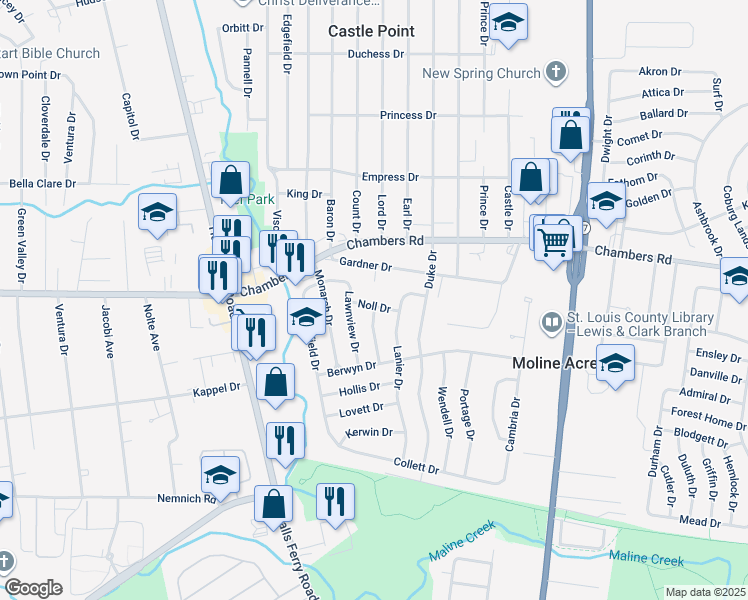 map of restaurants, bars, coffee shops, grocery stores, and more near 2344 Gardner Drive in St. Louis