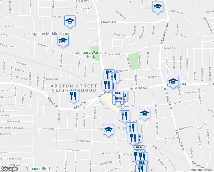 map of restaurants, bars, coffee shops, grocery stores, and more near 219 North Florissant Road in Ferguson