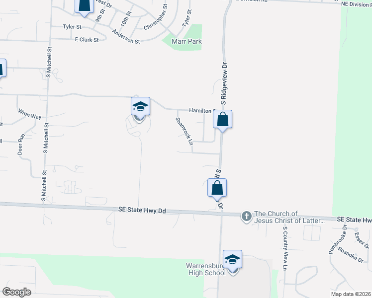 map of restaurants, bars, coffee shops, grocery stores, and more near 1304 Shamrock Court in Warrensburg