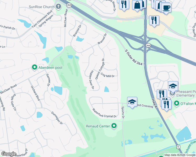 map of restaurants, bars, coffee shops, grocery stores, and more near 2302 Quaint Cottage Drive in O'Fallon