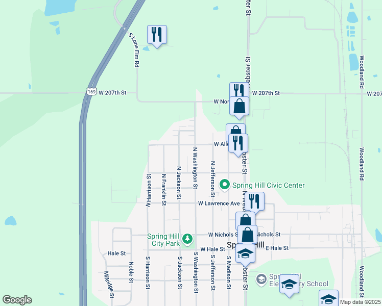 map of restaurants, bars, coffee shops, grocery stores, and more near 609 North Washington Street in Spring Hill