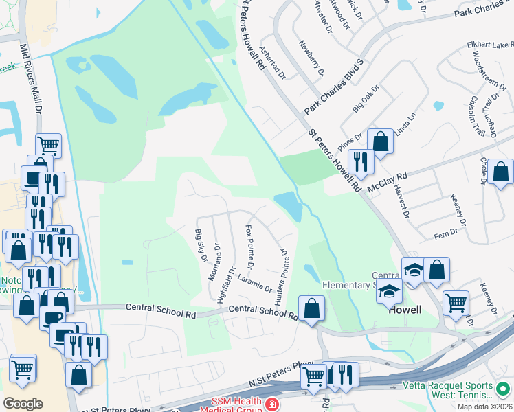 map of restaurants, bars, coffee shops, grocery stores, and more near 37 Fox Pointe Court in Saint Charles