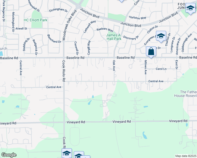 map of restaurants, bars, coffee shops, grocery stores, and more near 2700 Central Avenue in Roseville
