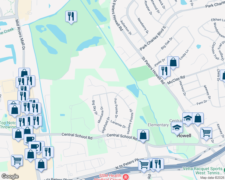 map of restaurants, bars, coffee shops, grocery stores, and more near 37 Fox Pointe Court in Saint Charles